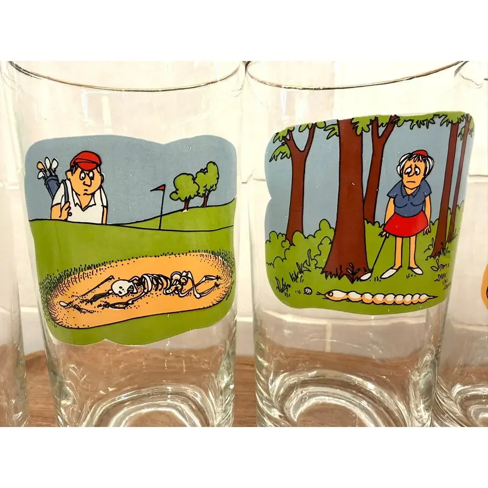 Vintage Ashby Cartoon Golf Tumbler Drinking Glasses Set‎ of 6